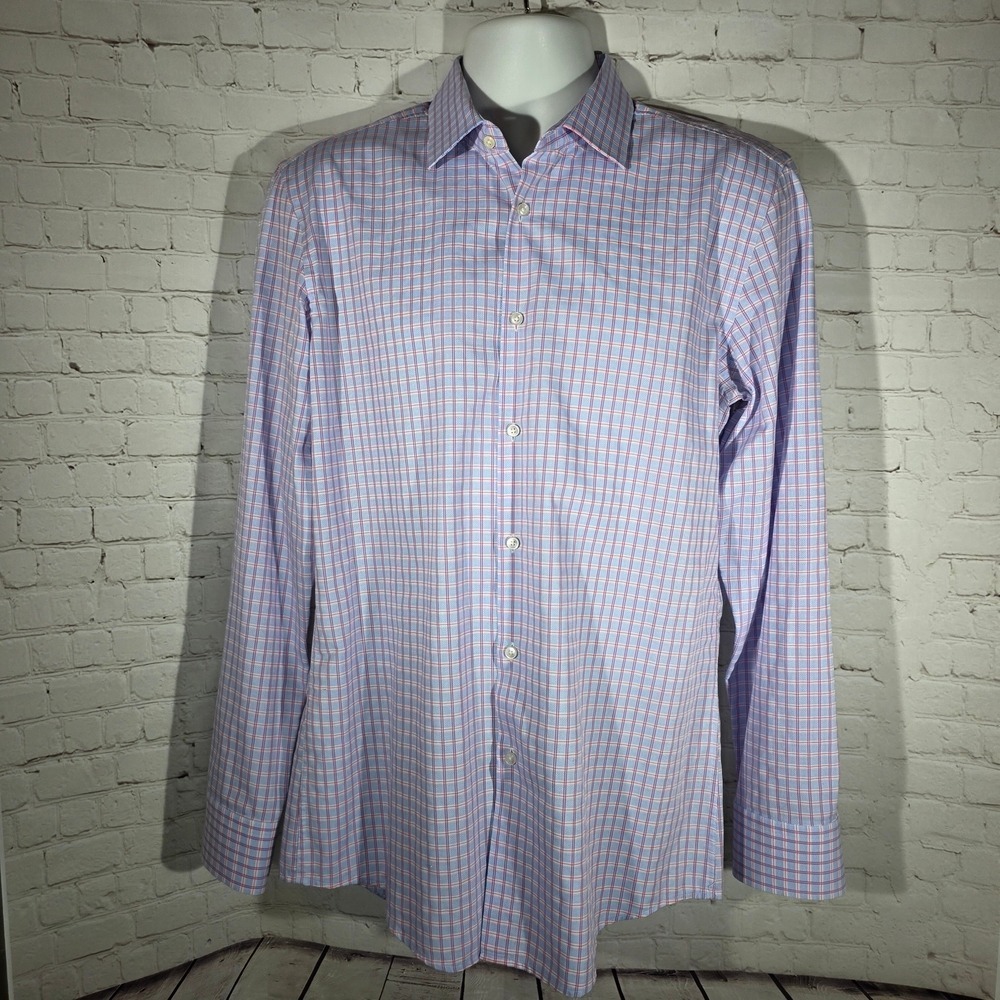 BOSS Hugo Boss Slim Fit Plaid Dress Shirt Blue Red 16 41 Easy Iron